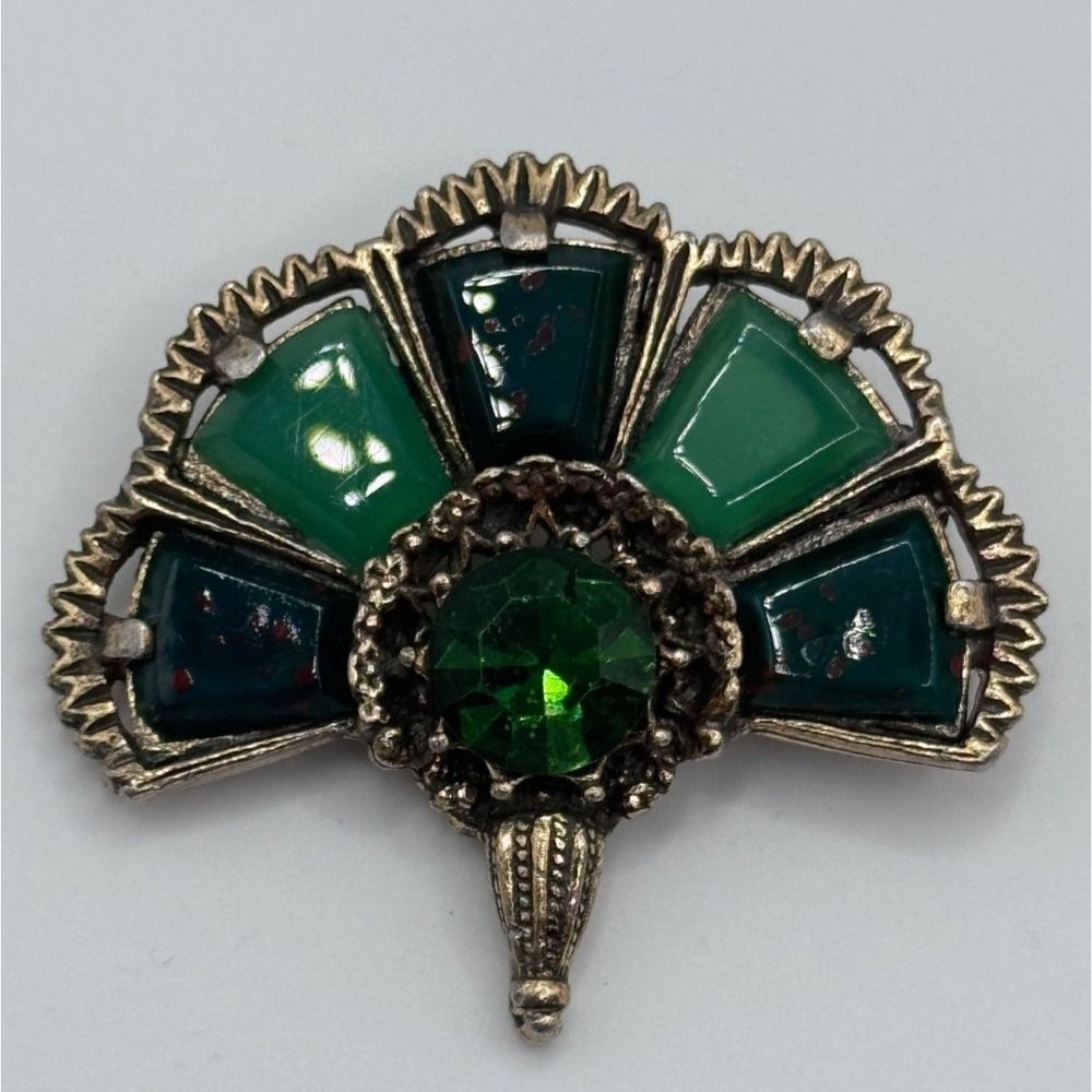 Vintage Miracle Celtic Brooch Fan Shaped Multicolor Glass Rhinestone